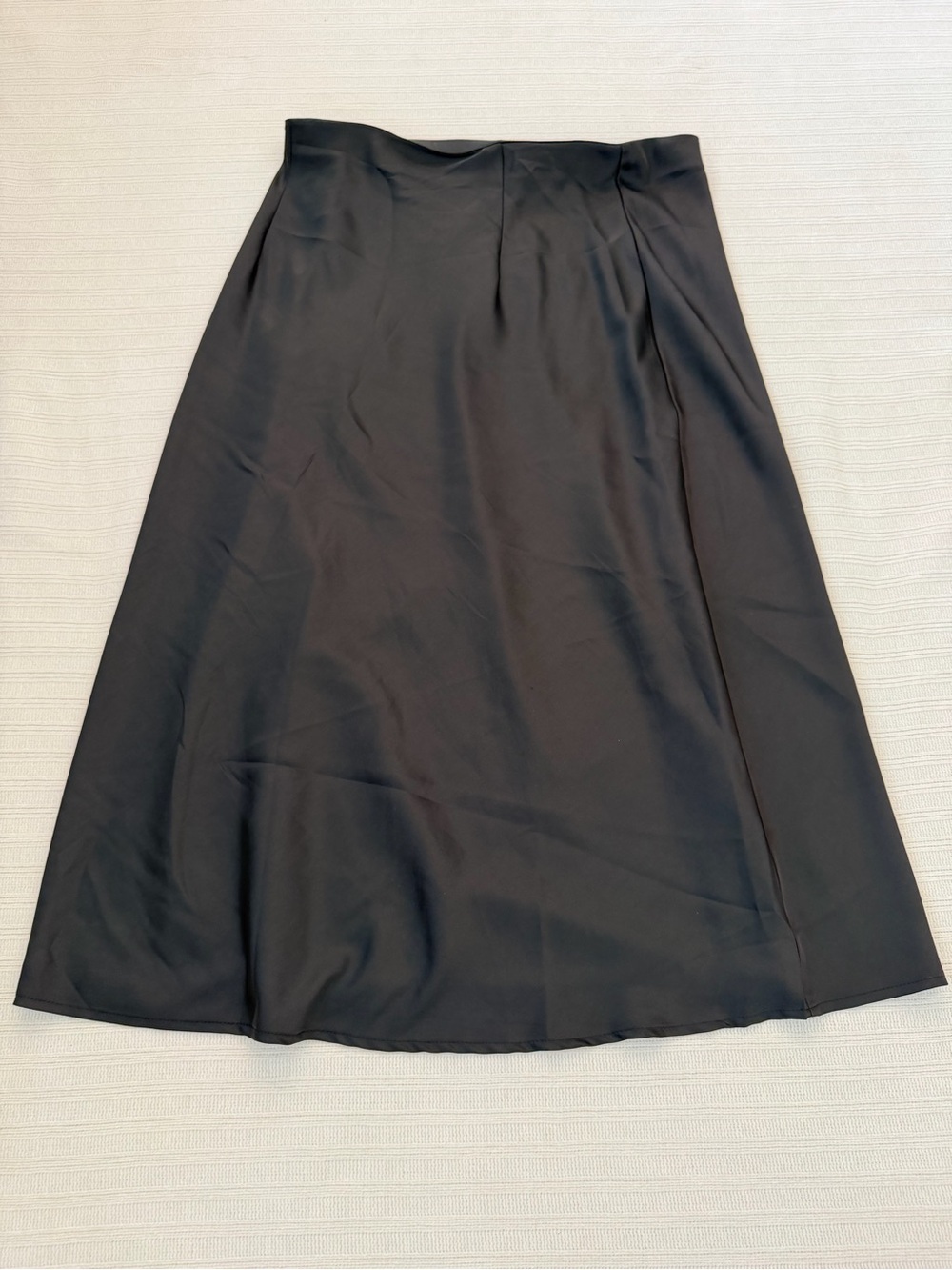 Black Satin Slip Midi Skirt High Waisted A-Line Flowy Minimalist Size Large BeS1